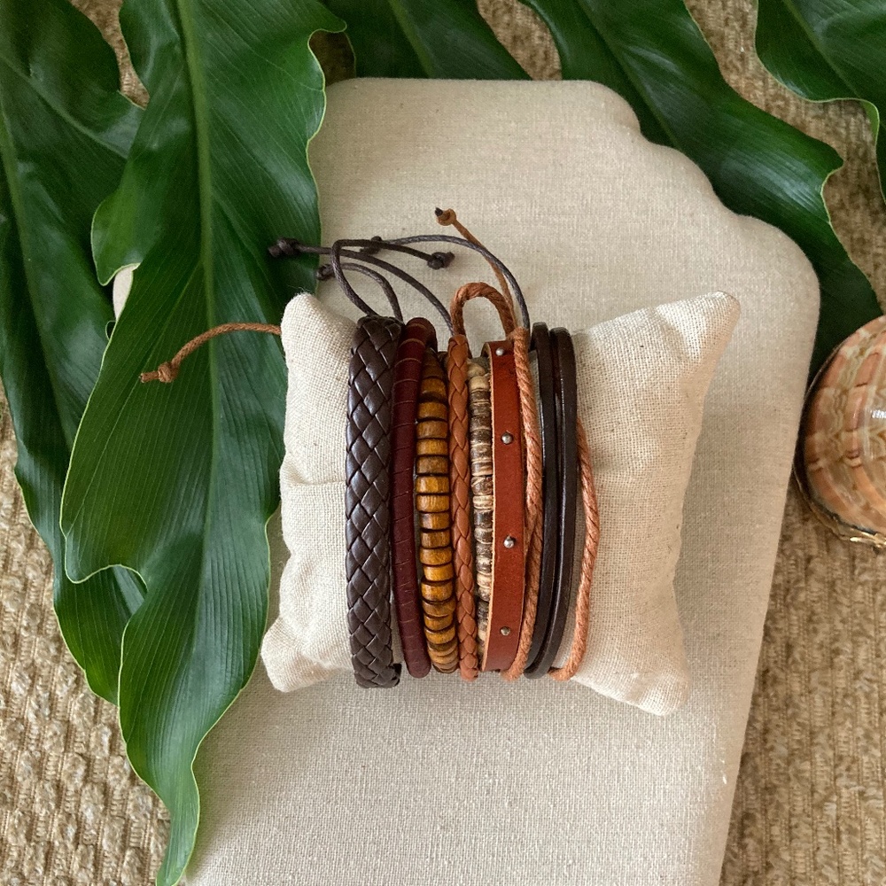 🌺WOOD Bead & Leather BOHO Bracelets SET
